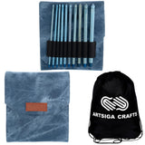 Lykke Knitting Needles Crochet Hook Set Indigo 6 Inches Long (15Cm) Indigo Denim Faux Leather Bundle With Artsiga Crafts Project