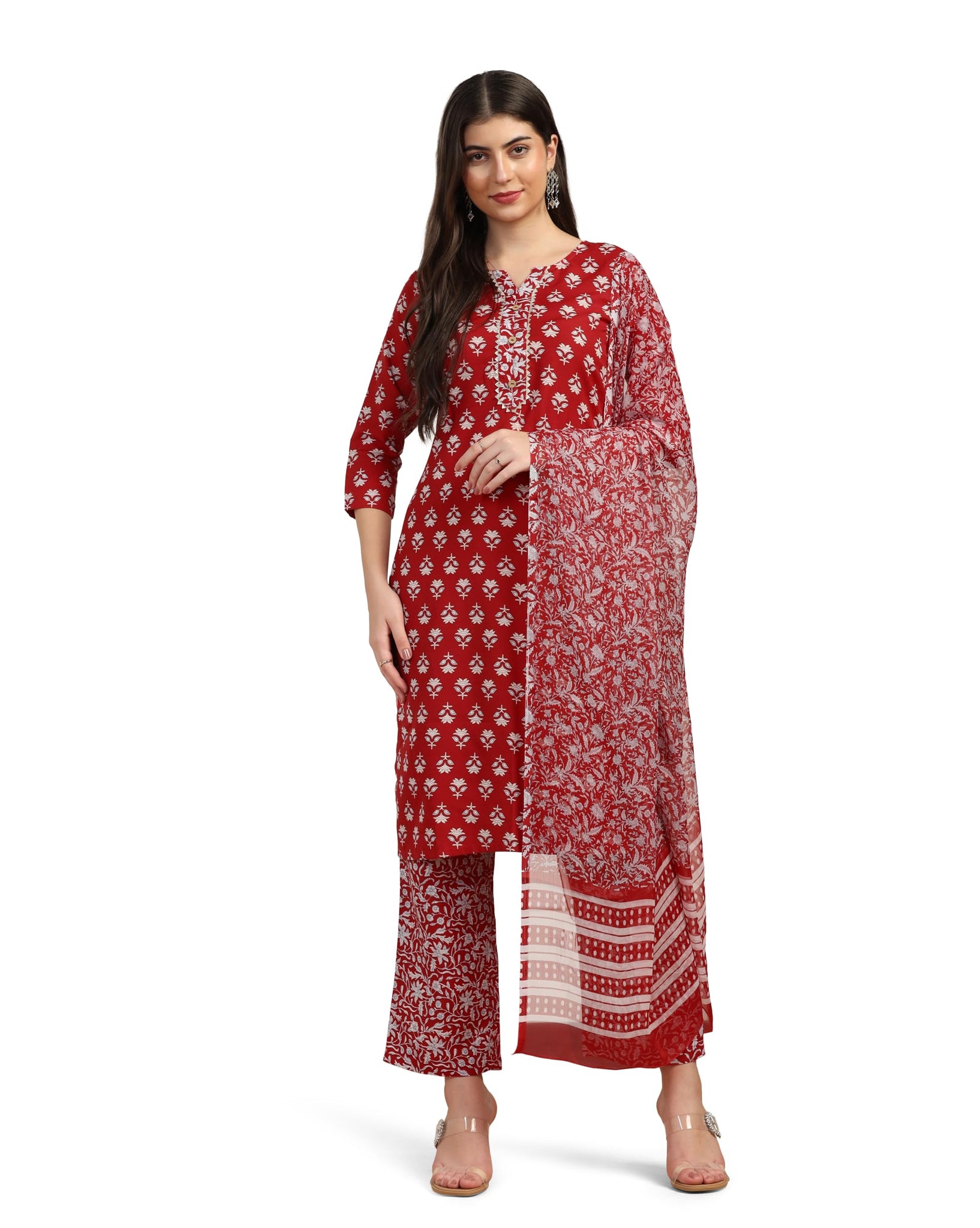 Toplot Women'S Printed Straight Kurta With Pant & Dupatta|Kurta Pant Set With Dupatta (Printed-Kurta-Pant-5198-Red-L),Red,,B0DCP1Z556