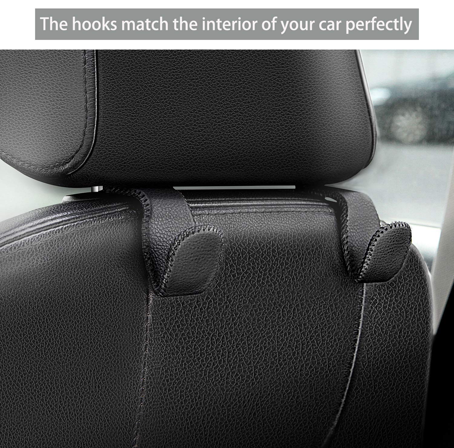 AMVOYOA Headrest Hooks for Car, Back Seat Organizer Gray Leather Hanger Holder Hook, for Hanging Purses and Bags and Coats, Pack