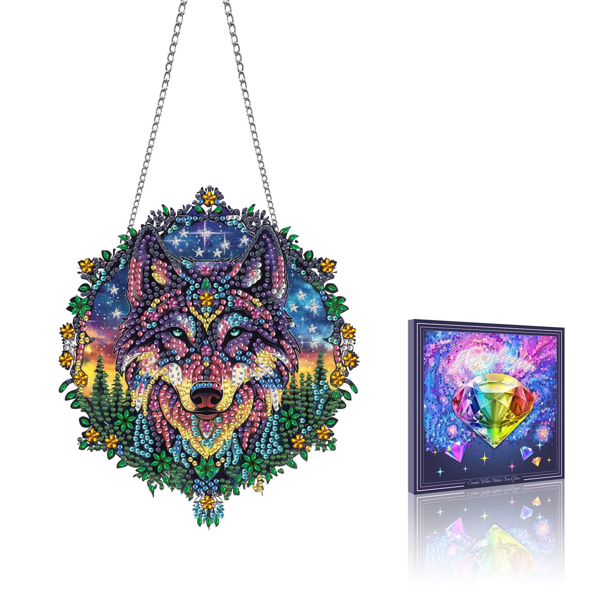 VAIIEYO Wolf Diamond Art Hanging Ornament, Animal Diamond Painting Suncatchers Window Hanging Kit with Chain, 7.5x7.5 inch Cryst