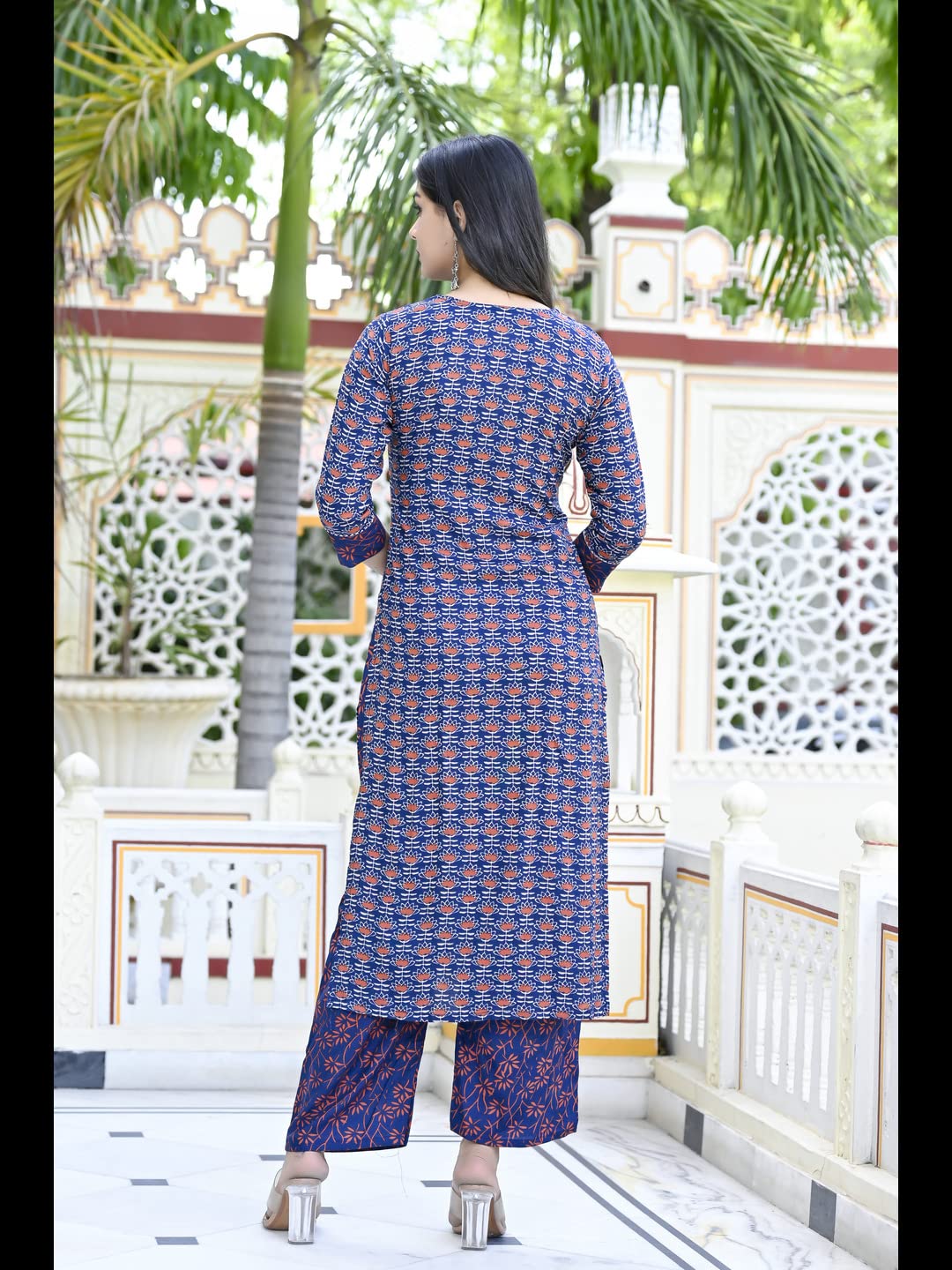 Gosriki Women'S Cotton Blend Printed Straight Kurta With Pant (Punya Blue-Cmd-Gs_S_Blue_Small),Blue,,B0C6GZ8J2Z