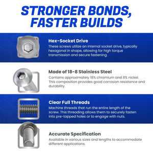 1/4-28 x 1 Button Head Socket Cap Screws, Allen Socket Drive, Stainless Steel 18-8, Full Thread, Bright Finish, Machine Thread