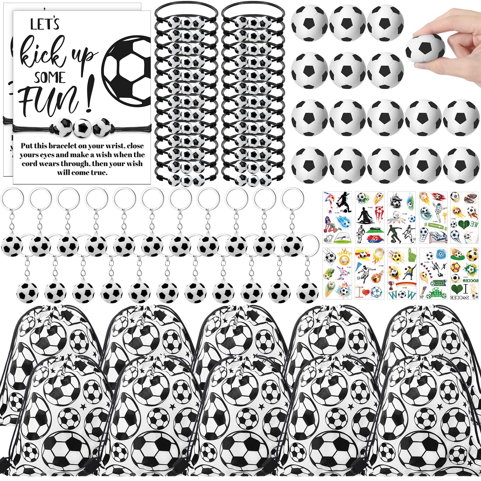 Equsion 144 Pcs Soccer Party Favors Drawstring Bags with Adjustable Bracelets Stress Balls Keychains Stickers and Wish Cards for