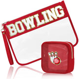 BuyCard 2 Pcs Bowling Gifts Makeup Bag with Chenille Letter Patch, Clear Cosmetic Pouch PVC Organizer Purse, Waterproof Travel B