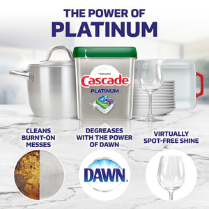 Cascade Platinum Dishwasher Pods, Actionpacs Dishwasher Detergent With Dishwasher Cleaner Action, Fresh Scent, 62 Count