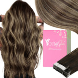 YoungSee Tape in Extensions Human Hair Brown Balayage Real Human Hair Tape in Extensions Dark Brown to Caramel Blonde Ombre Tape