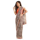 Womanista Womens Poly Georgette Saree with Pom (TI1425_Off White & Brown)
