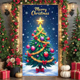 Blue Christmas Tree Door Cover Large Merry Christmas Door Banner Xmas Tree Hanging Backdrop Decorations with Snow Star Tree Xmas