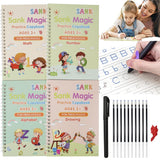 Manogyam Sank Magic Practice Copybook Set for Kids (4 Books + 1 Pen + 1 Grip + 10 Refills) Reusable Alphabets, Numbers, Drawing