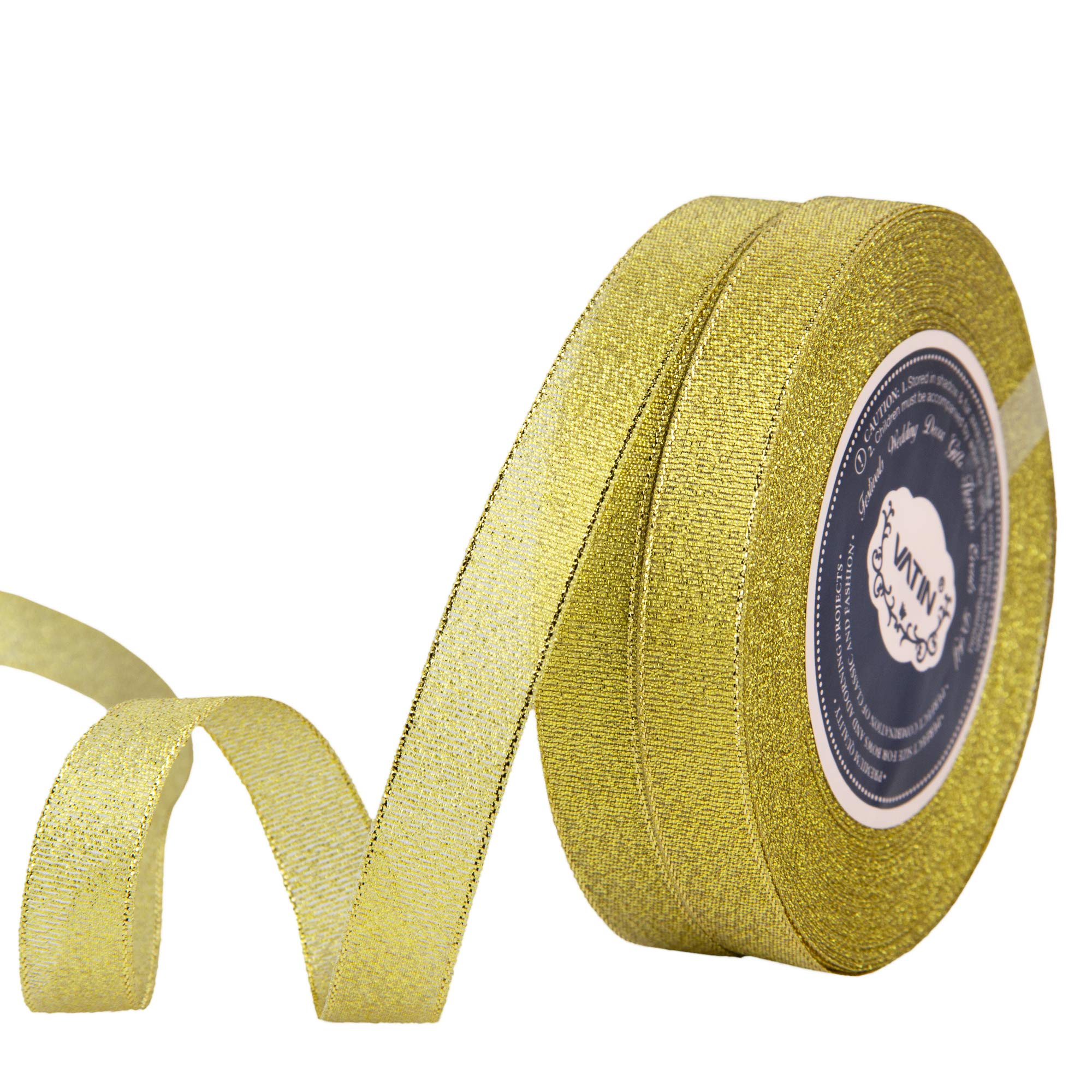 VATIN Glitter Metallic Gold Ribbon 5/8 inches Wide Sparkly Fabric Gorgeous Ribbon for Gift Crafters Wedding Party Brithday Wrap 