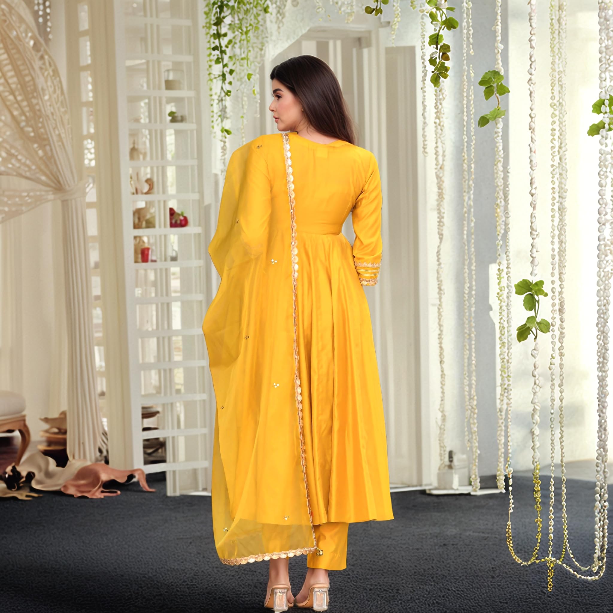 Anni Designer Women'S Rayon Viscose Anarkali Solid Kurta With Pant & Dupatta (Sitapati Yellow-Vks03_S_Yellow_Small),Yellow,S,Rayon,Anarkali,