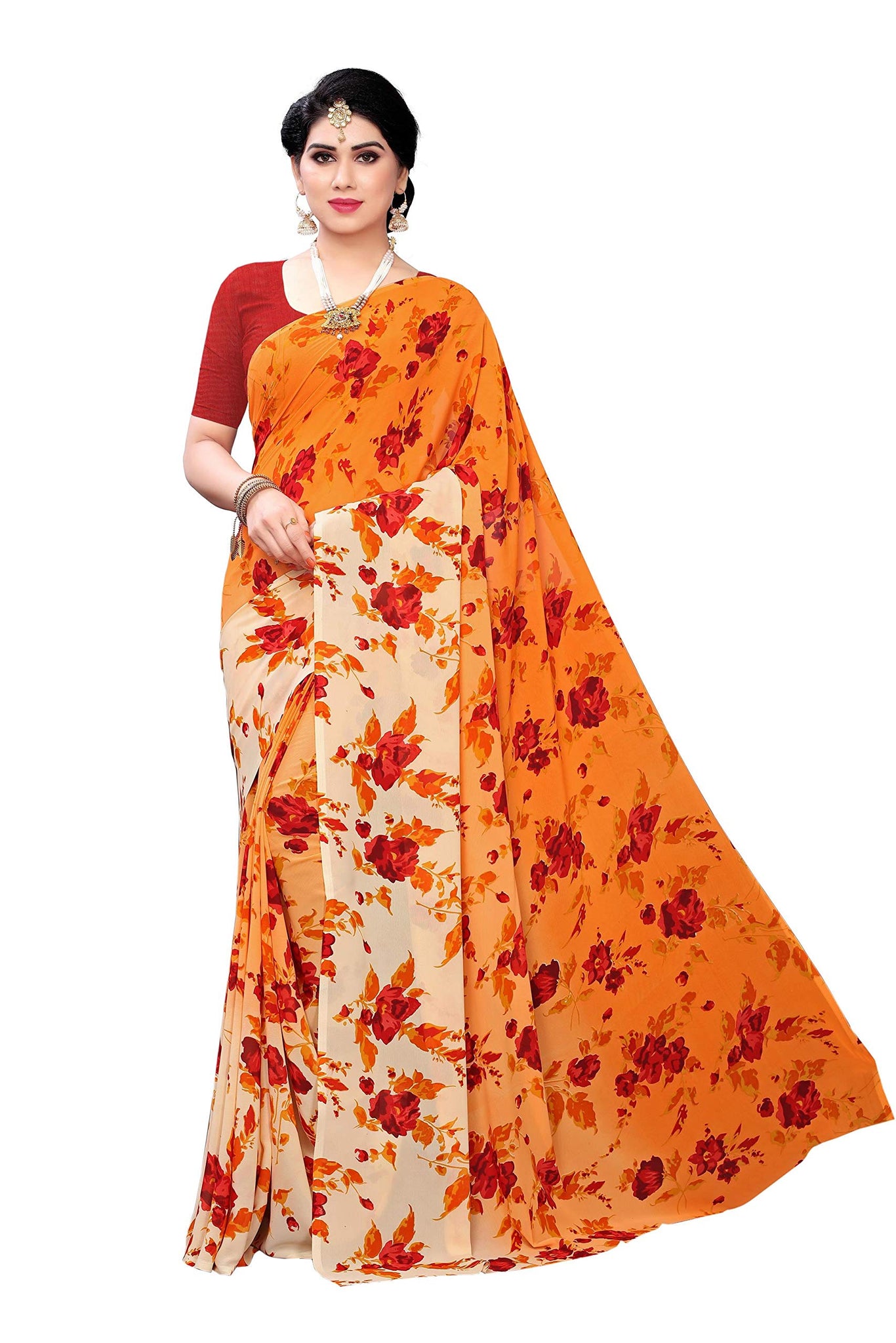 Gosriki Women'S Orange Georgette Printed Saree With Blouse Piece (Vanila Orange_Free Size),Orange,,B08HGFNMBL