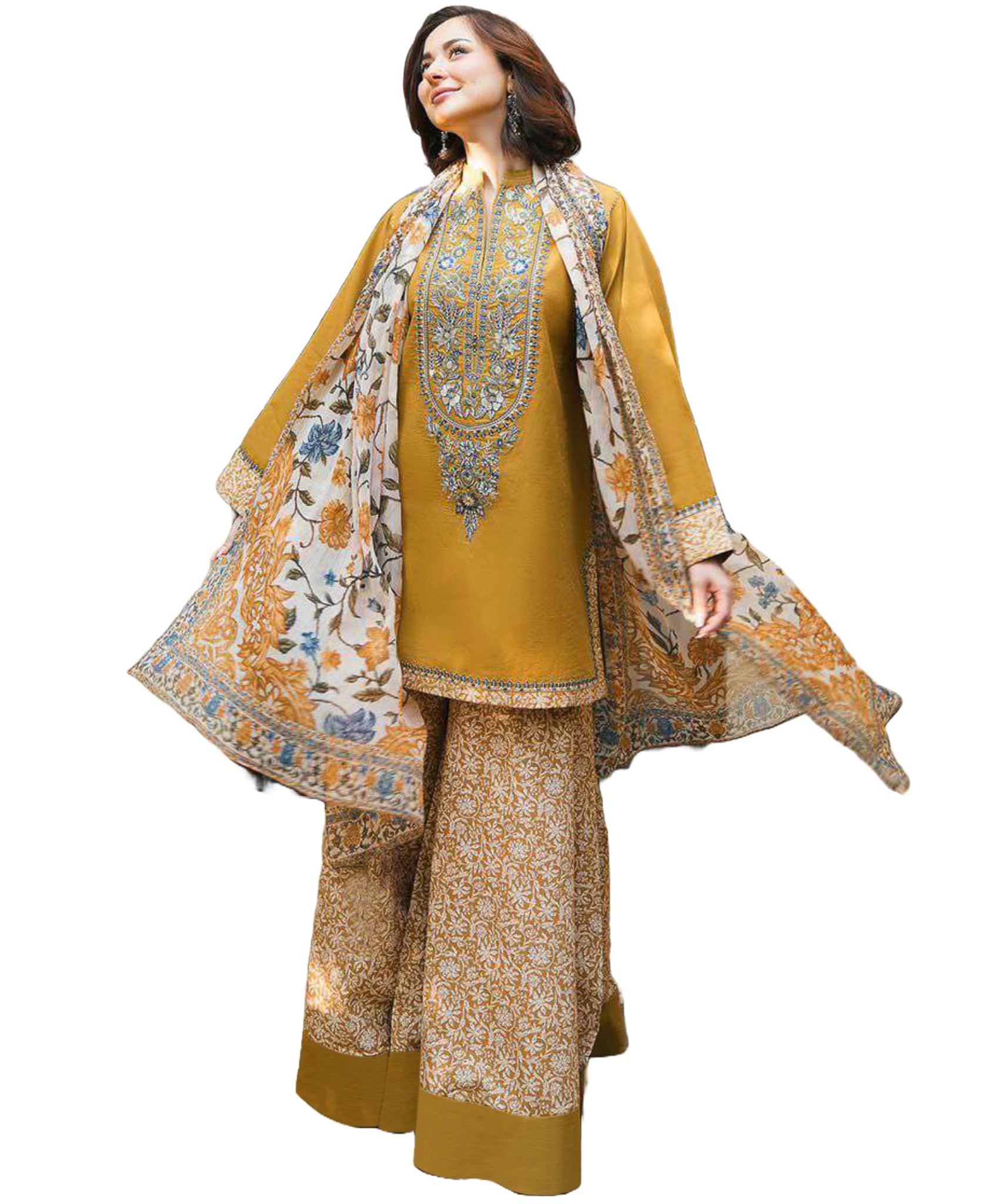 Anni Designer Women'S Rayon Viscose Straight Printed Kurta With Pant & Dupatta (Farista Yellow_Xxl_Yellow_Xx-Large),Yellow,2XL