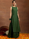 Libas Gerua Womens Solid Silk Blend Straight Kurta With Palazzos And Dupatta Green S