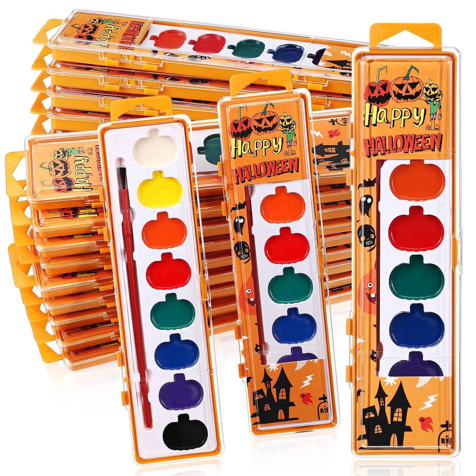 Watersay 12 Pack Halloween Pumpkin Watercolor Paint Set for Kids 8 Washable Colors with Brushes Water Color Painting Kit for Hal