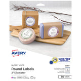 Avery Printable Round Labels with Sure Feed, 2 Diameter, Glossy White, 60 Customizable Labels (22817)