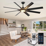 Ohniyou 72 Inch Industrial Ceiling Fan with Lights Remote Control, Black Large Ceiling Fan with 8 Aluminum Blades, 3 CCT, 6-Spee