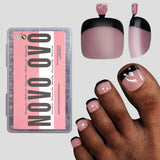 NOVO OVO Halloween Black French Tip Toe Nail Tips Press on, Soft Gel Toenail Extension, BERRY PINK Square Round Pre-applied Tip 