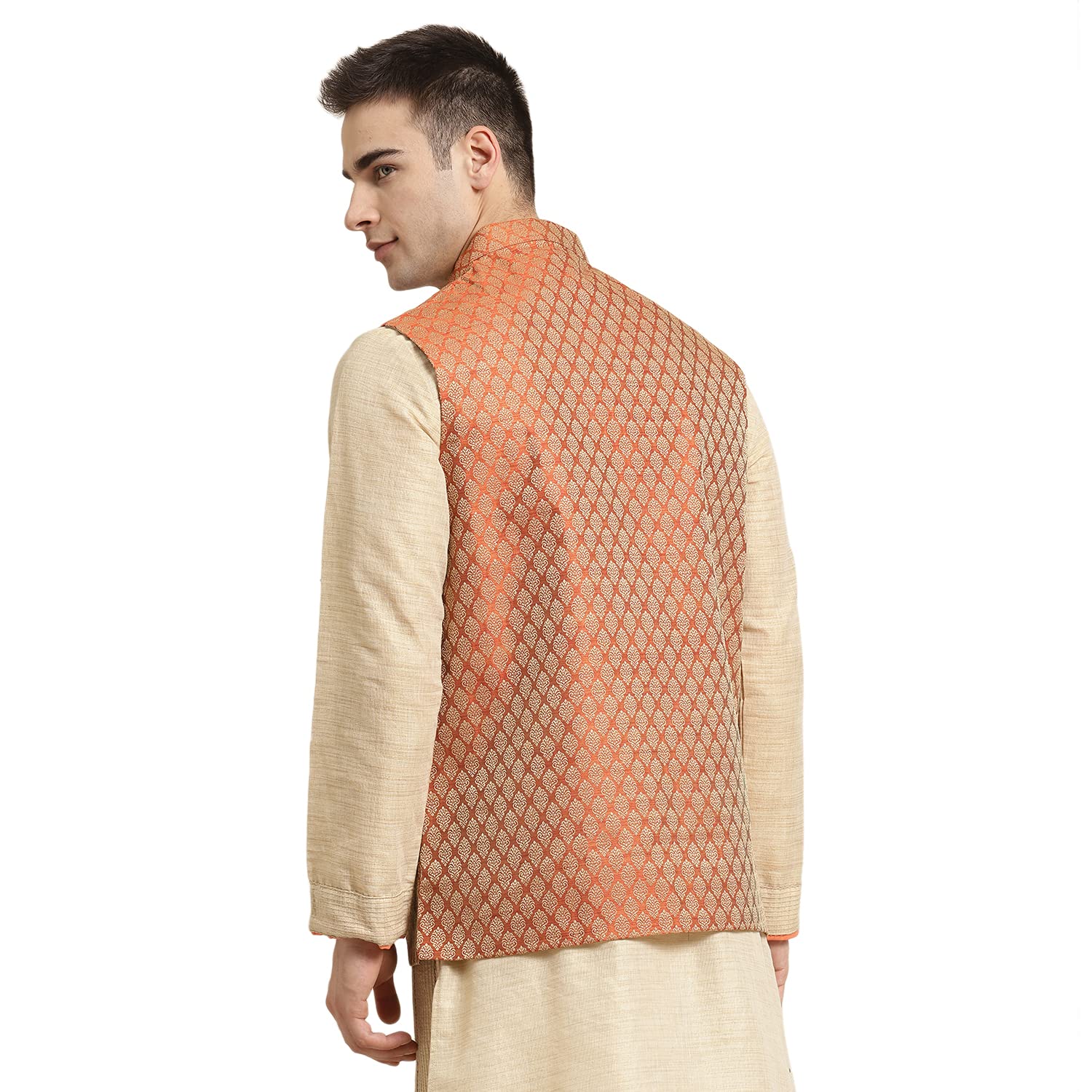 Sojanya (Since 1958, Men'S Jacquard Silk Orange Self Design Only Nehrujacket, Size: 36