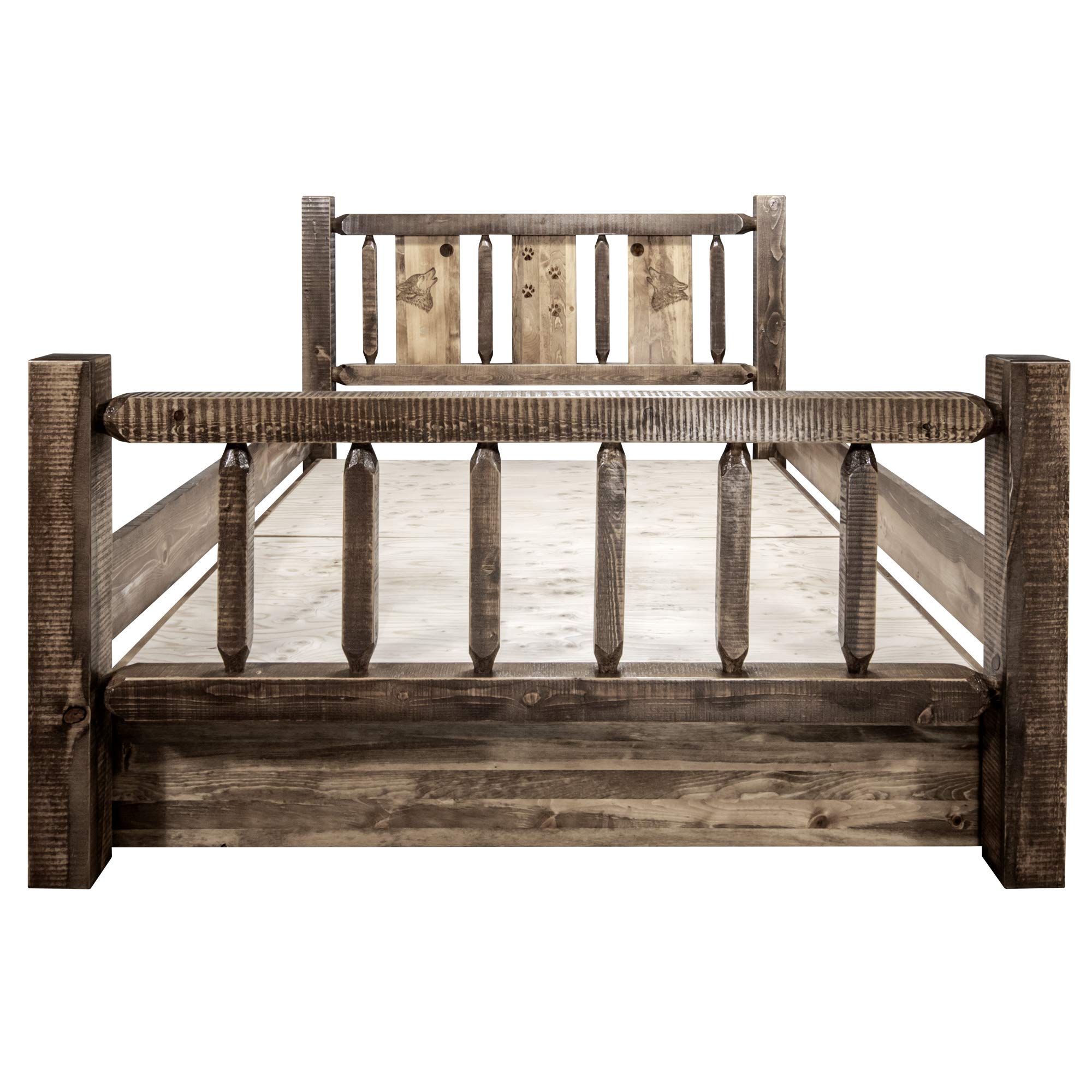 Montana Woodworks Homestead Collection King Storage Bed With Laser Engraved Wolf Design, Stain & Clear Lacquer Finish