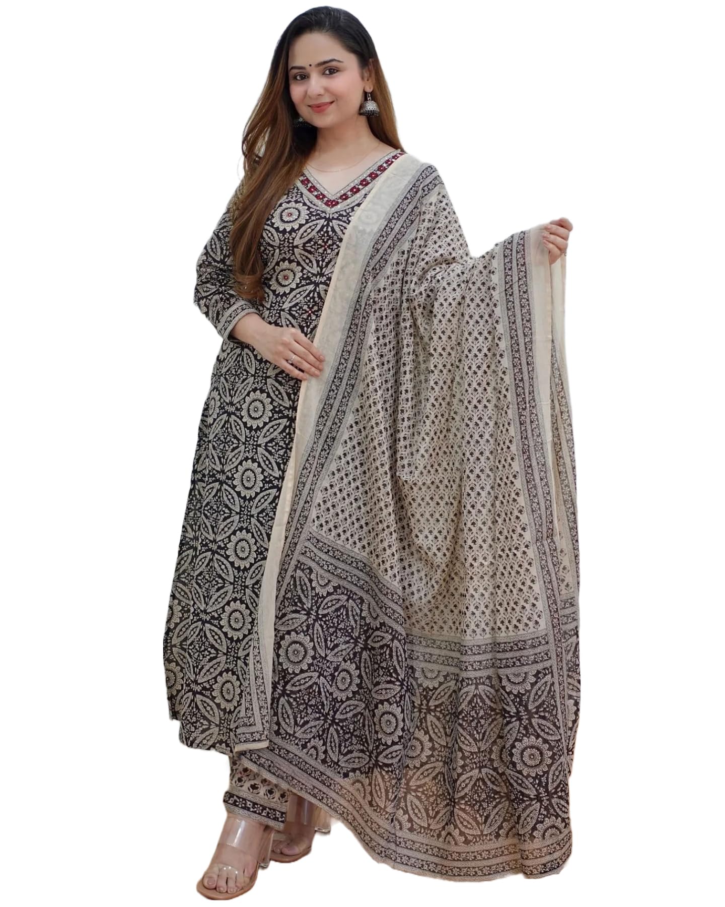 Anni Designer Women'S Cotton Blend Block Printed Straight Kurta With Pant & Dupatta (Nihira Cream_L_Black_Large),Black,L