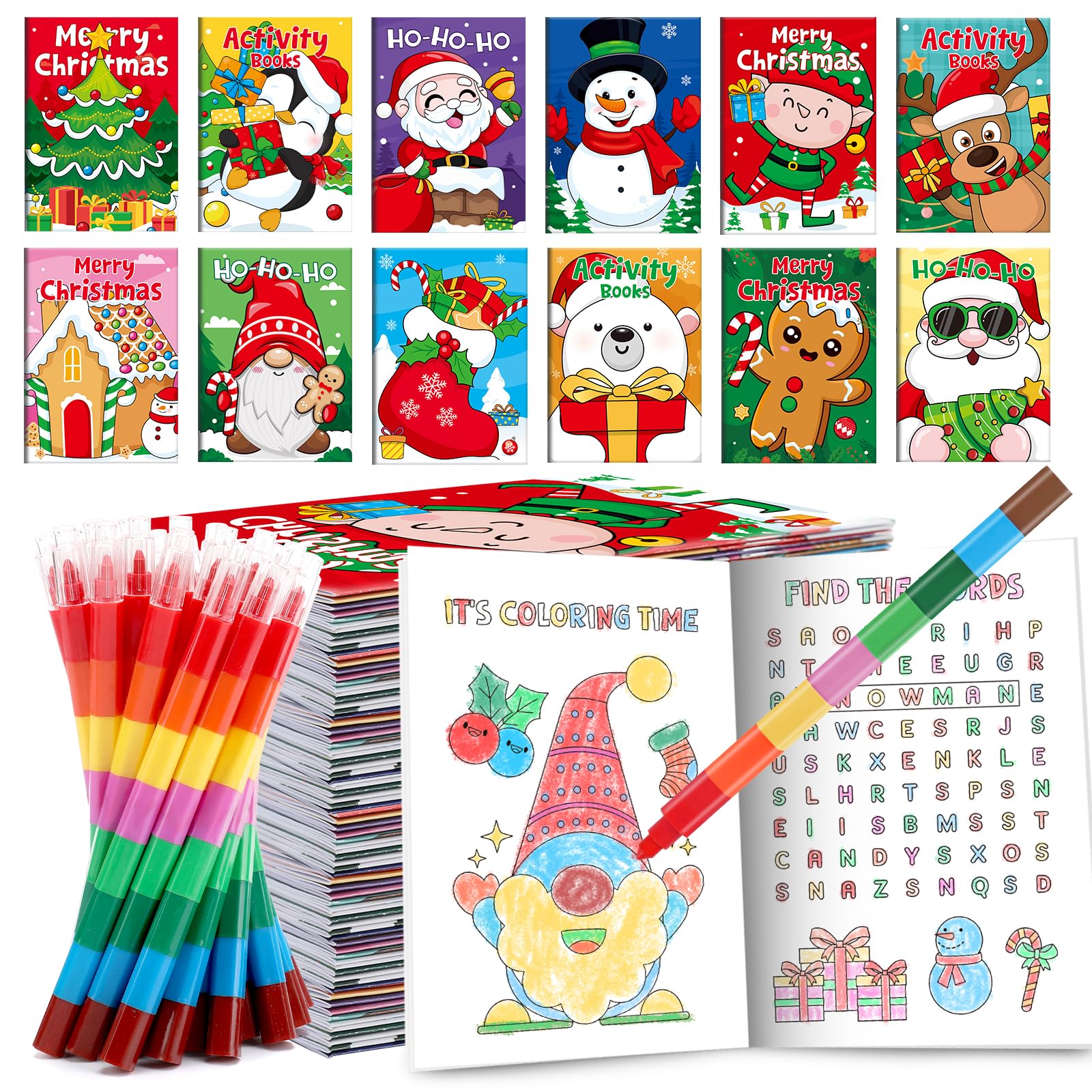 BenLouis 12 Christmas Mini Activity Books with 12 Crayons for Kids ages 4-8-16 Xmas Party Favors Bulk Different Brain Game for C