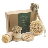 Gotpgoda Dish Brush Set with Wooden Handle | Nautral & Bamboo Fibers Plastic Free | Pot Brush Scourer Scrubber ~ 5 Pcs Kitchen D