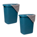 Mind Reader 50L Slim Laundry Hamper, Clothes Basket, Lid, Wicker Design, Plastic, 17.65L x 13.75W x 21H, Set of 2, Blue