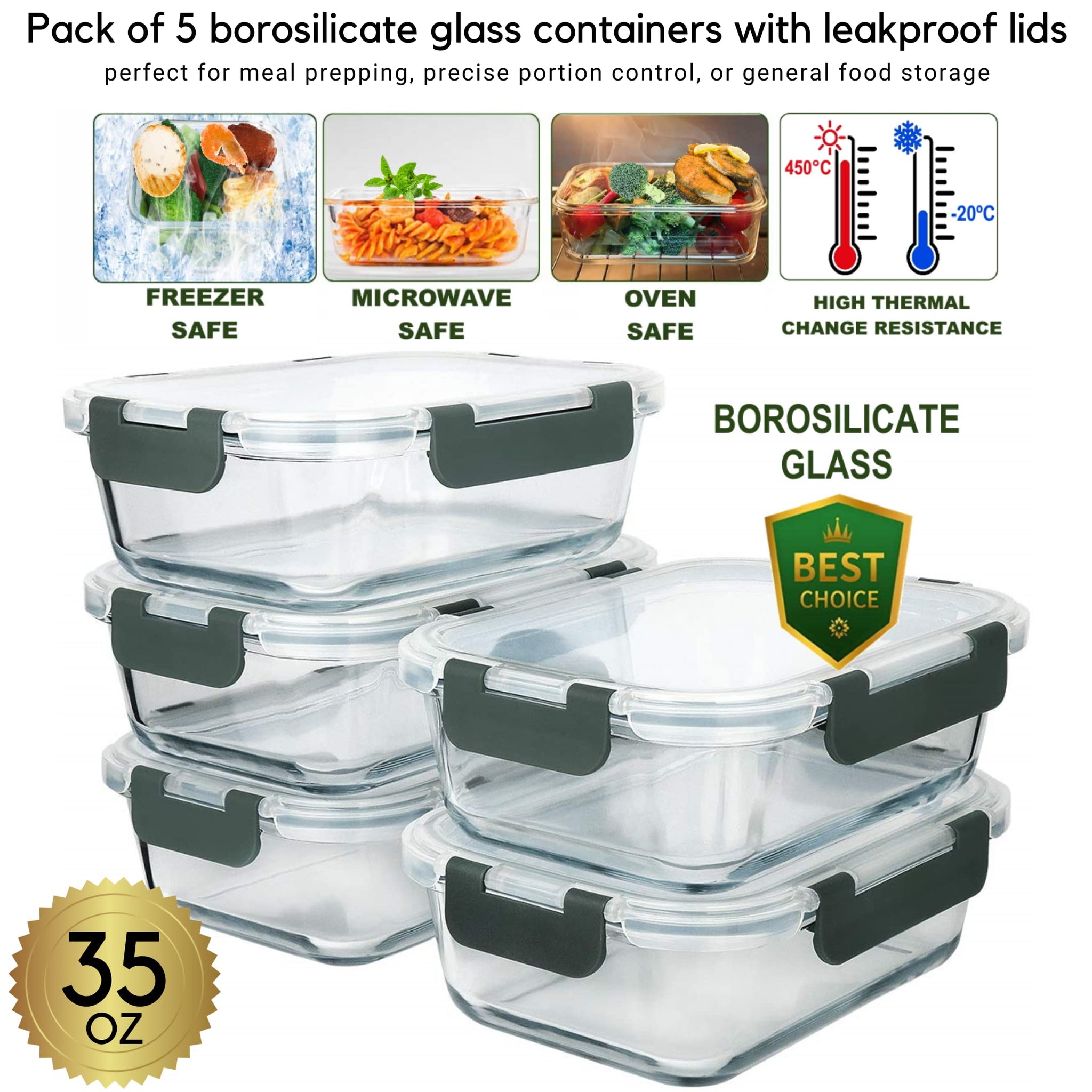 Brieftons Glass Meal Prep Containers: 5 Pack, 35 Oz with Airtight, Leakproof Snap Locking Lids, Perfect for Food Storage, Lunch