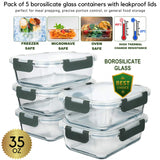 Brieftons Glass Meal Prep Containers: 5 Pack, 35 Oz with Airtight, Leakproof Snap Locking Lids, Perfect for Food Storage, Lunch