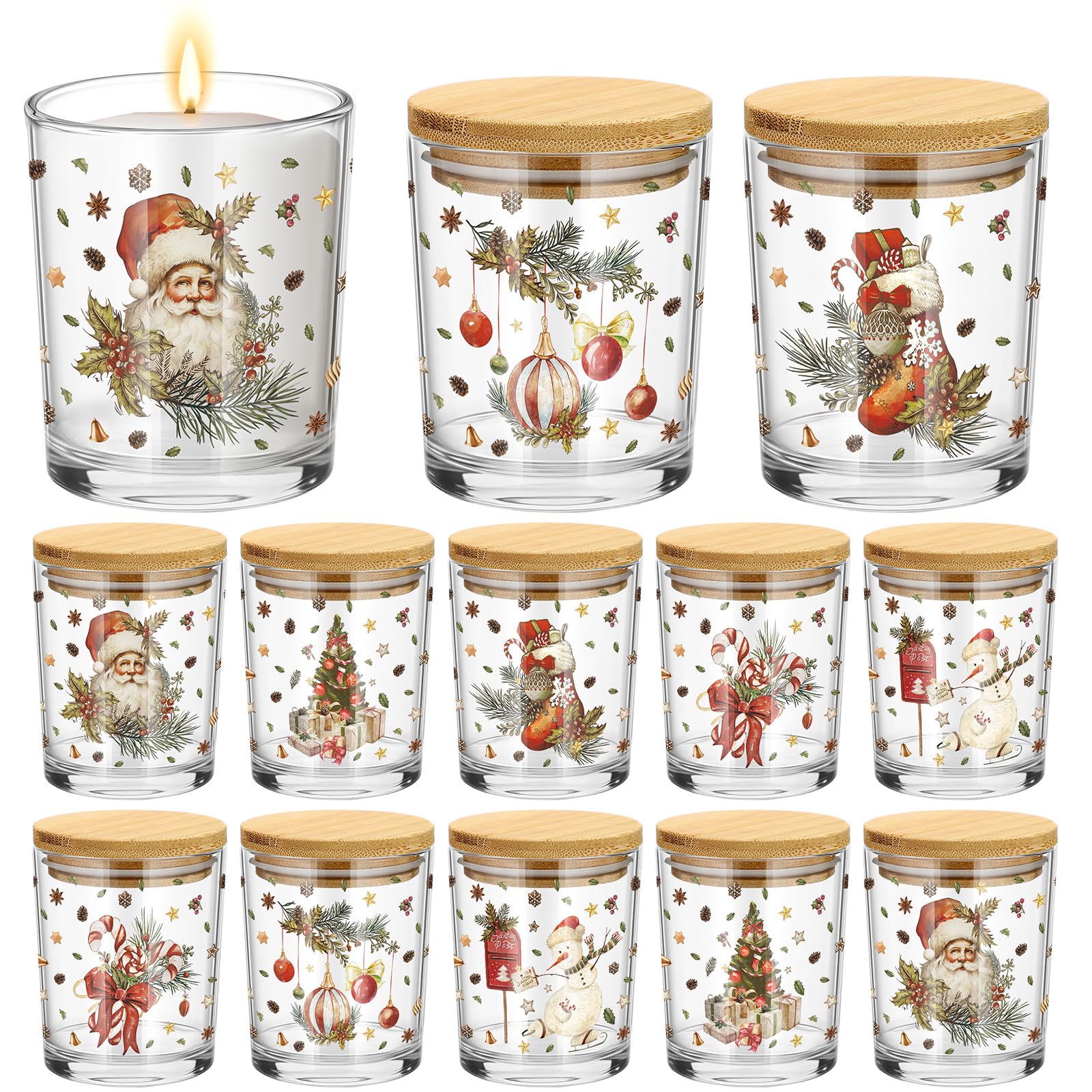 Ziliny 12 Pack 7 oz Christmas Glass Candle Jar with Wood Lids Xmas Retro Thick Empty Jars for Making Candles Small Holiday Conta