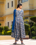 Gosriki Women'S Rayon Blend Bagru Printed Anarkali Kurta With Pant & Dupatta (Sukhkarni-Blue-Gs_L_Blue_Large),Blue,,B0D1V437W8