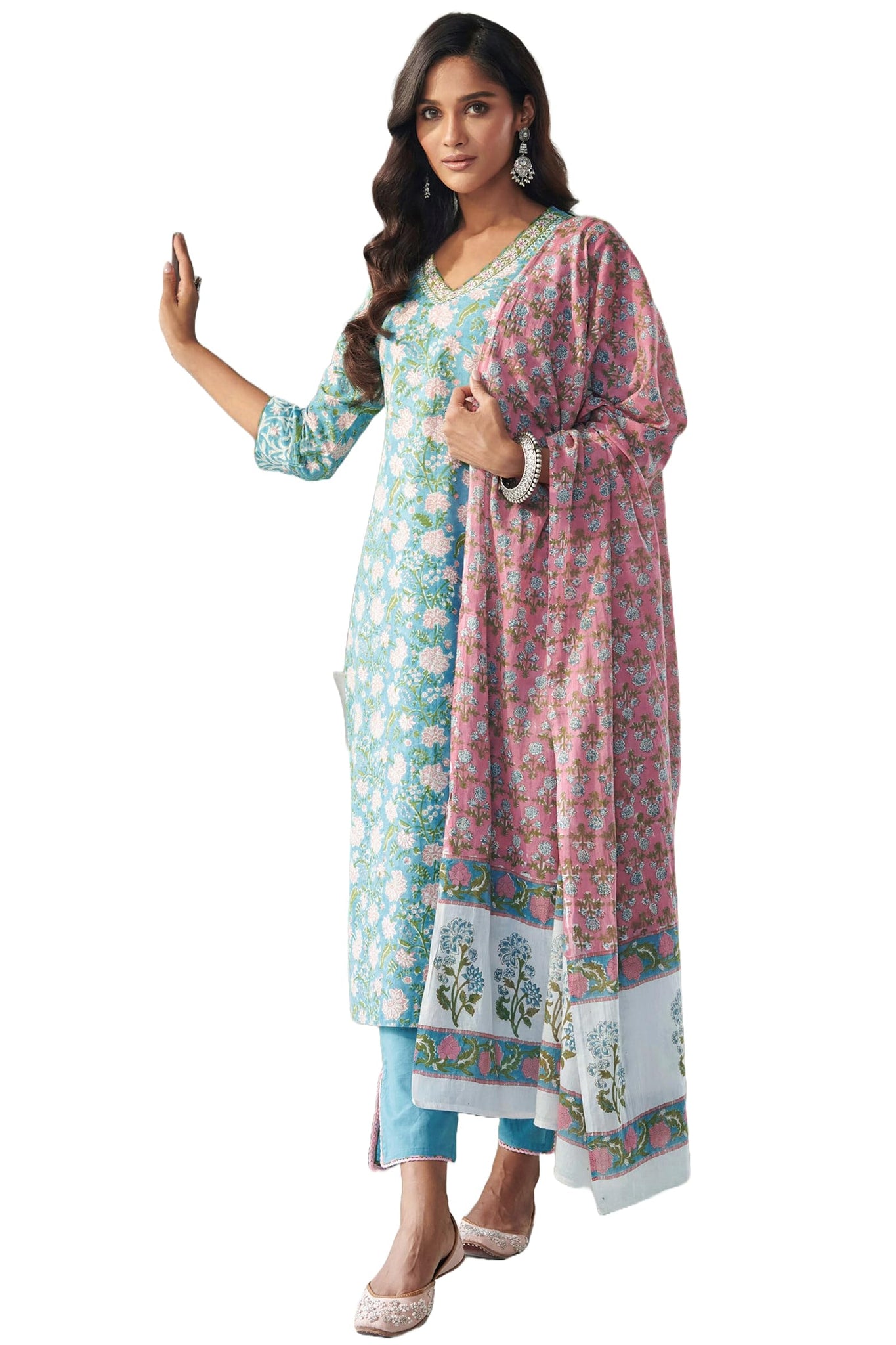 Gosriki Women'S Cotton Blend Printed Straight Kurta With Pant & Dupatta (Made Green_4Xl-Gs_Green_Xxxx-Large),Green,4,B0BNHFBZ4J