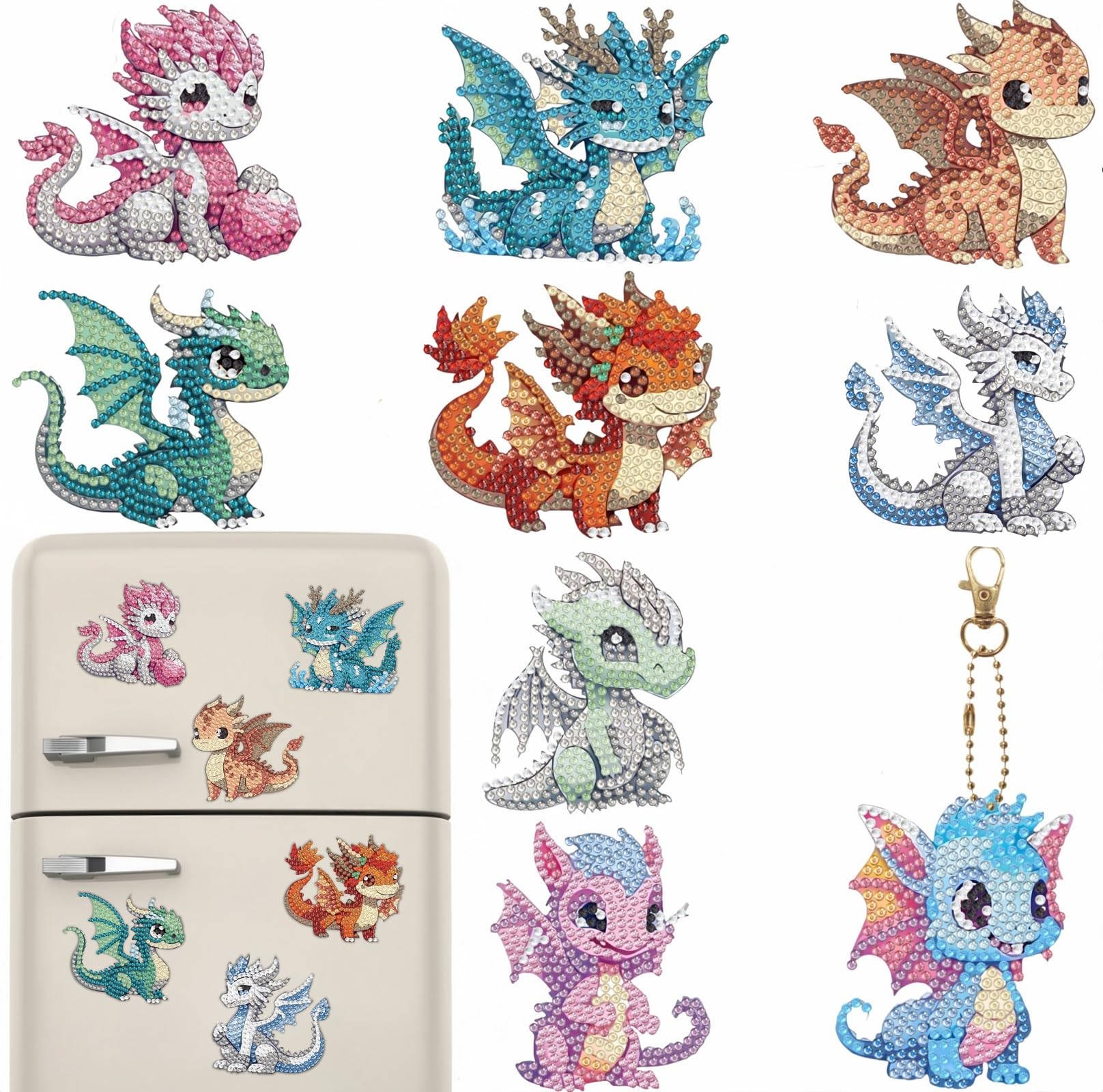 Bulerrylulu 9 Pcs Diamond Painting Magnets Kits,Dragon Fridge Magnet Stickers Diamond Art Painting Keychains Gem Painting kit fo