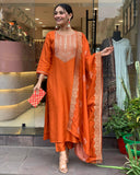 Anni Designer Women'S Rayon Blend Embroidered Straight Kurta With Pant & Dupatta (Puneeta Orange_L_Orange_Large),Orange,L,Rayon Blend,Classic,