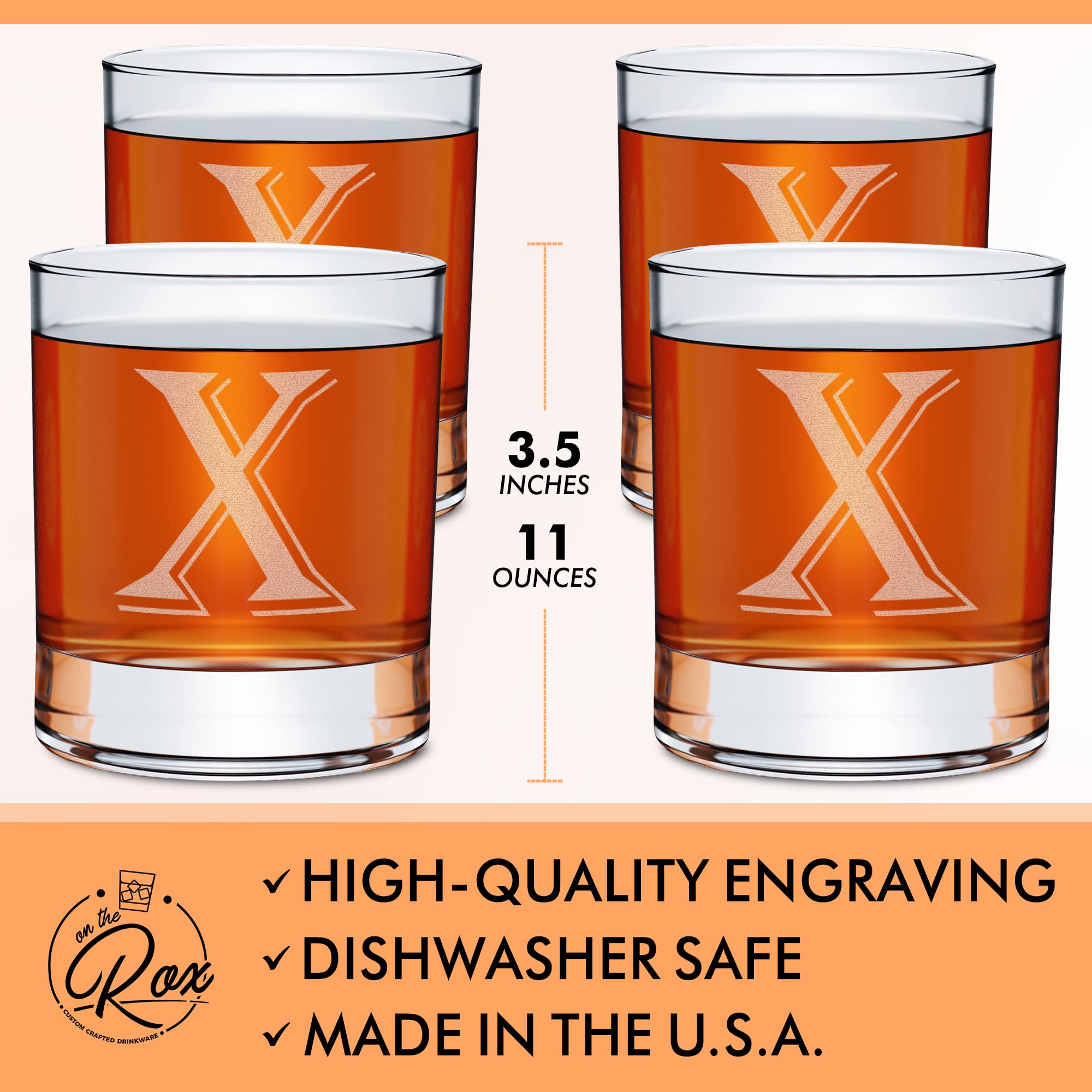 (X-Monogram)- 4 Piece Set of 11 Ounce Engraved Heavy Base Rocks Glasses- Quality Elegant Glass-Multi-Purpose Beverage-Rocks Glas