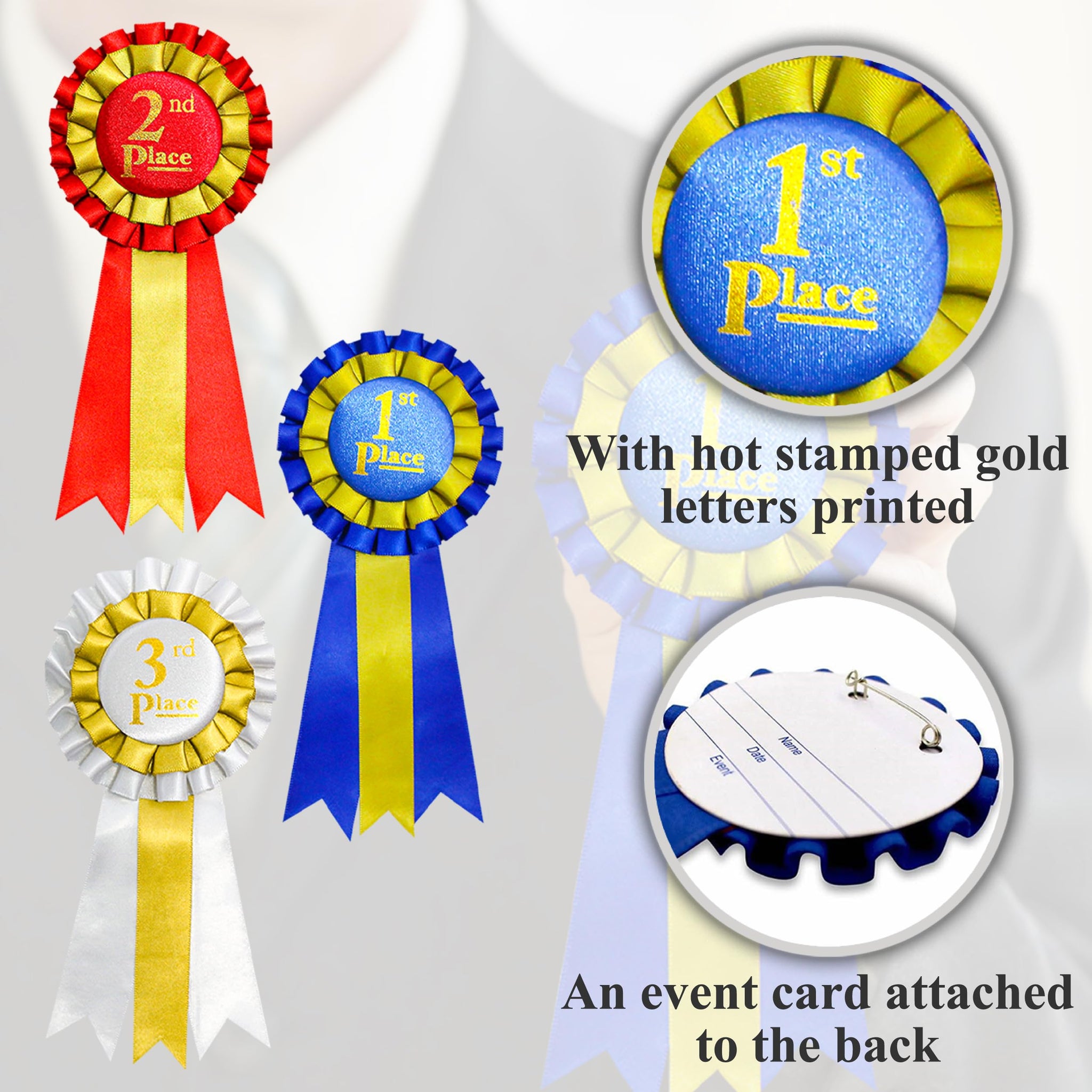 Premium Award Ribbons Blue,Red,White - 1st, 2nd, 3rd Place - 1 Set (3 Ribbons) - First Second Third Place Winner Ribbons