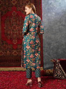 Gosriki Women'S Cotton Blend Straight Printed Kurta With Pant (Paresh Rama-Gs_Xl_Green_X-Large),Rama Green,,B0D73XW1WC