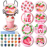 Reallnaive 8 Pcs Strawberry Paint by Numbers Kit for Adults Pink Gnome Coasters with Holder Summer Mini Paint by Numbers Kits Ro