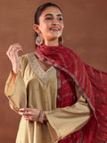Libas Gerua Womens Embroidered Silk Blend Straight Kurta With Salwar And Dupatta Beige Xs