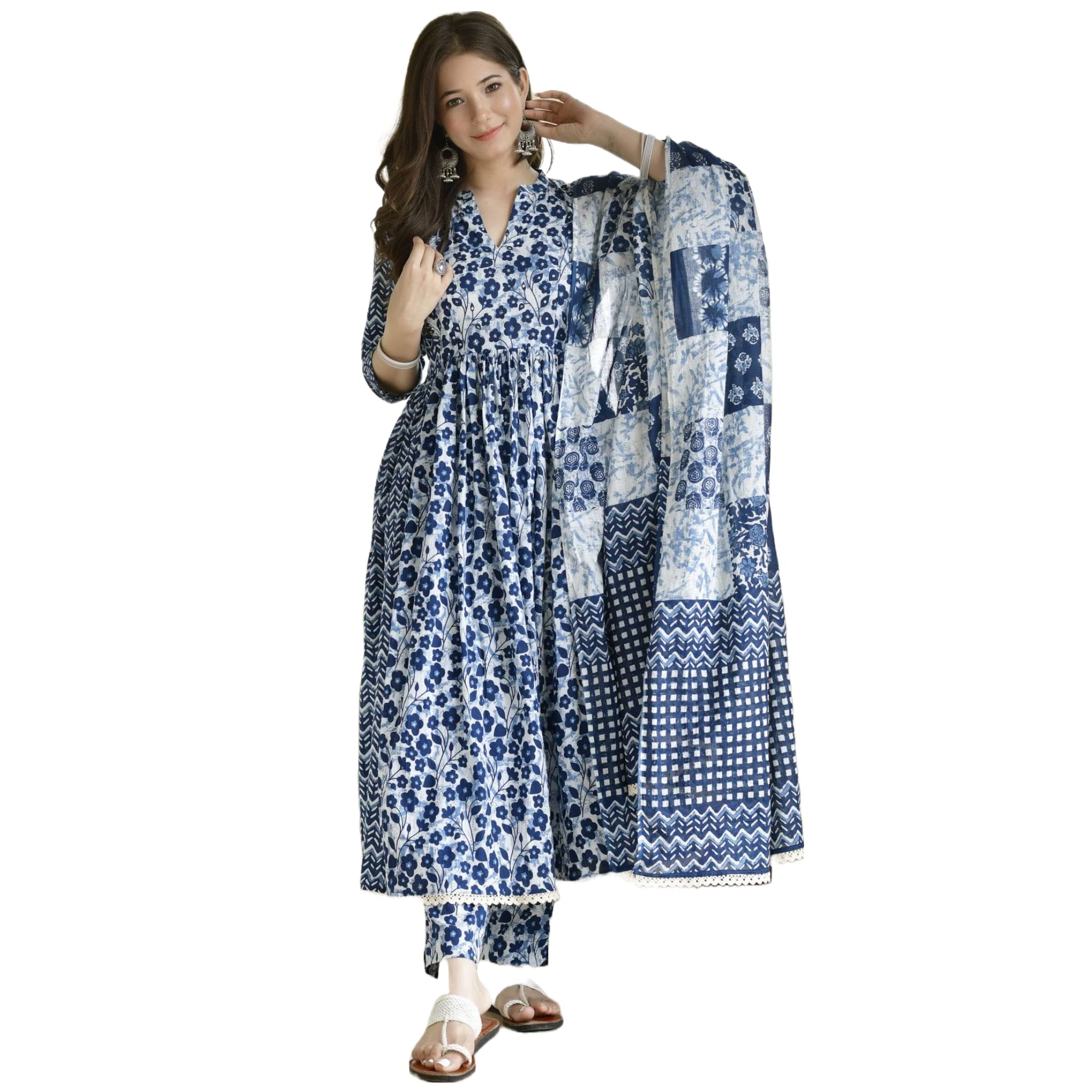 Gosriki Women'S Cotton Blend Anarkali Printed Kurta With Pant & Dupatta (Damini Blue-Gs_Xl_Blue_X-Large),Blue,,B0C541X3J7