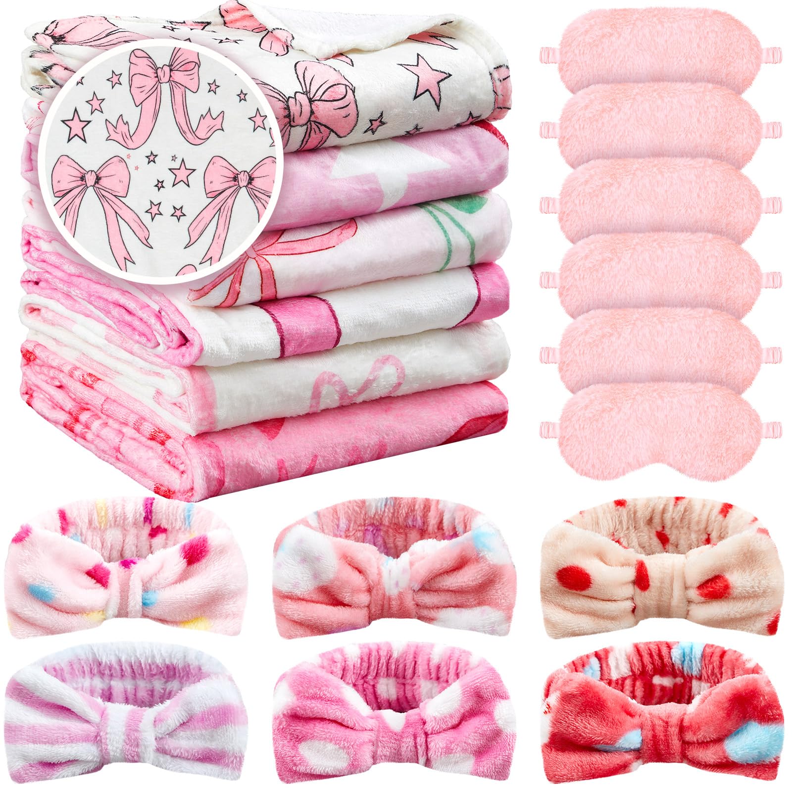 Fanfanwin 18 Pcs Sleepover Party Supplies for Girls, 6 Style Cute Pink Bow Blanket 6 Coral Fleece Spa Headband 6 Plush Pink Eye 