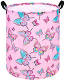 Girls Storage Basket with PE Waterproof Lining Cute Pink Butterfly Print Foldable Hamper 15.7D x 19.7H - Collapsible Laundry Ham