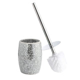 WHOLE HOUSEWARES Modern Toilet Brush Set (Silver) - Glass Mosaic Bathroom Accessory with Sturdy Bristles and Holder