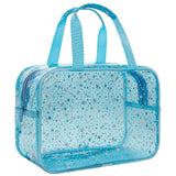 Junesters Clear Blue Star Large Makeup Bag with Star Pattern 12x5x8 inch, Travel Cosmetic Bag with Handle, Durable PVC Material 
