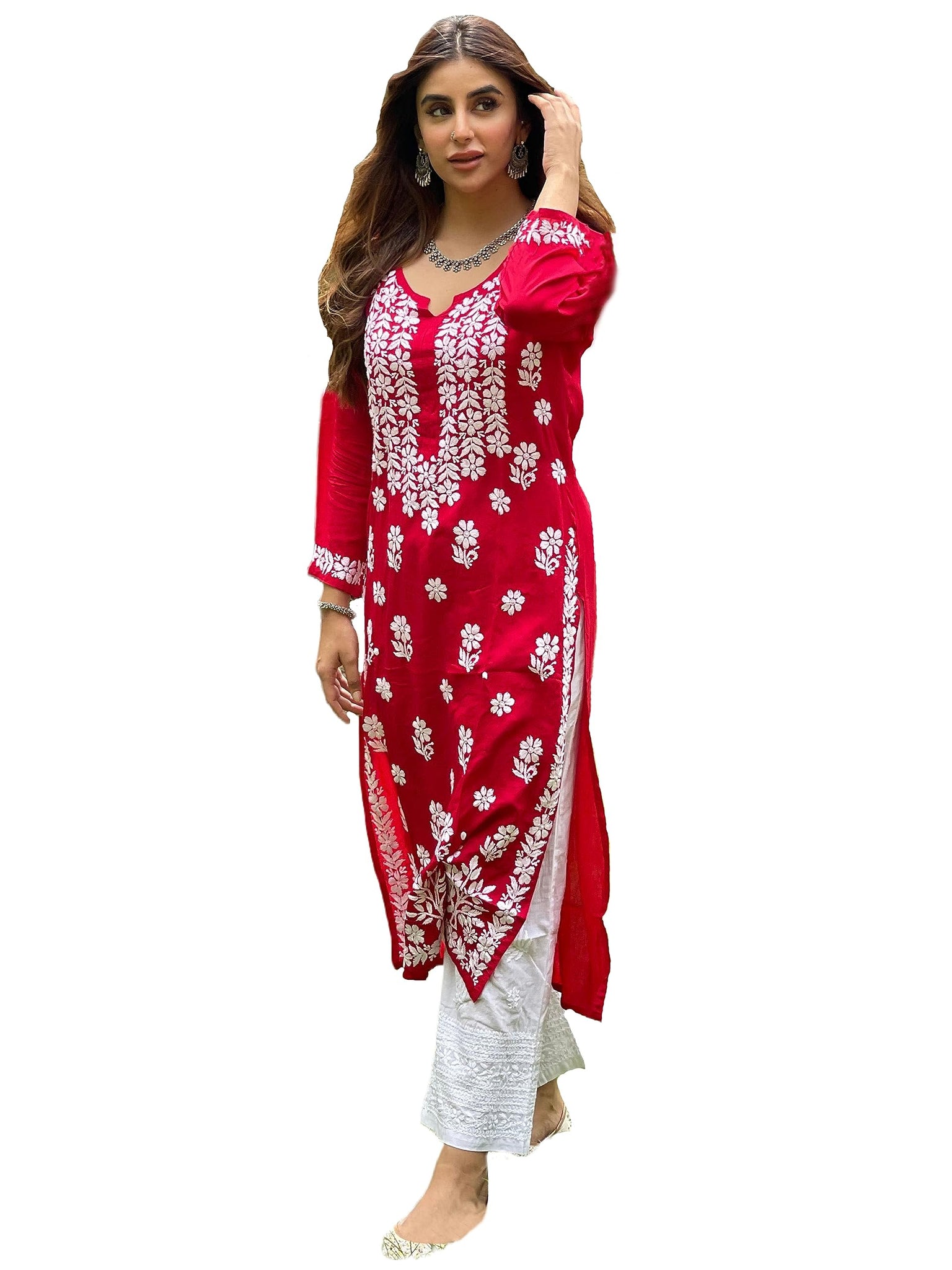 Gosriki Women'S Cotton Blend Straight Chikankari Embroidered Kurta (River Red-Gs_Xl_Red_X-Large),Red,,B0CBPR9BNF