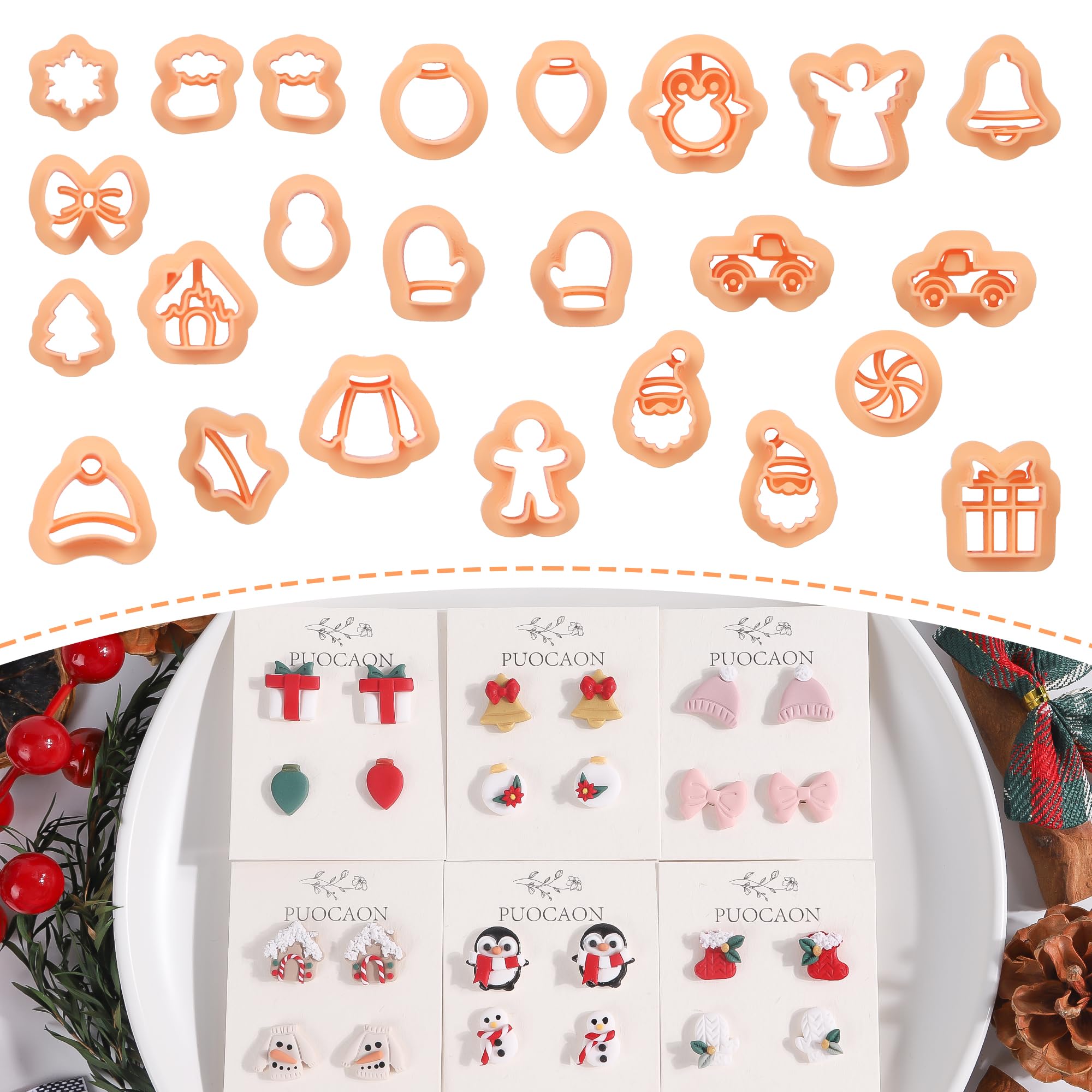 Puocaon Christmas Polymer Clay Cutters - 24 Pcs Mini Xmas Holiday Clay Cutters for Earrings Jewelry Christmas Tree Gingerbread M