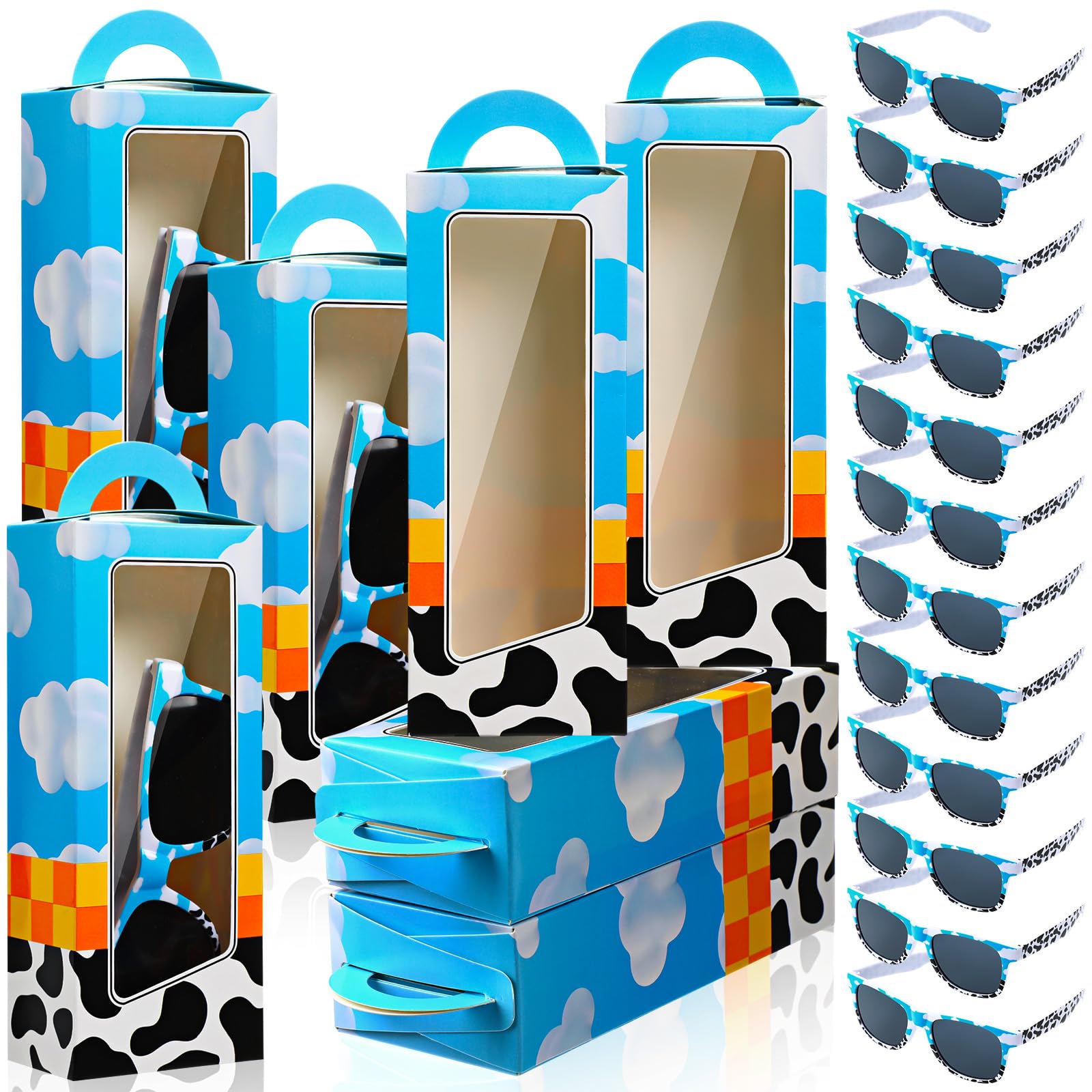 Relaxweex 12 Sets Cartoon Farm Party Favors Includes Cow Pattern Party Gift Boxes Blue Sky White Cloud Sunglasses DIY Christmas 
