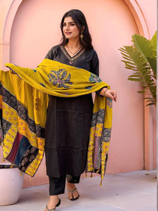 Anni Designer Women'S Rayon Viscose Straight Solid Kurta With Pant & Dupatta (Fronx Black-Vks04_S_Black_Small),Black,S,,,