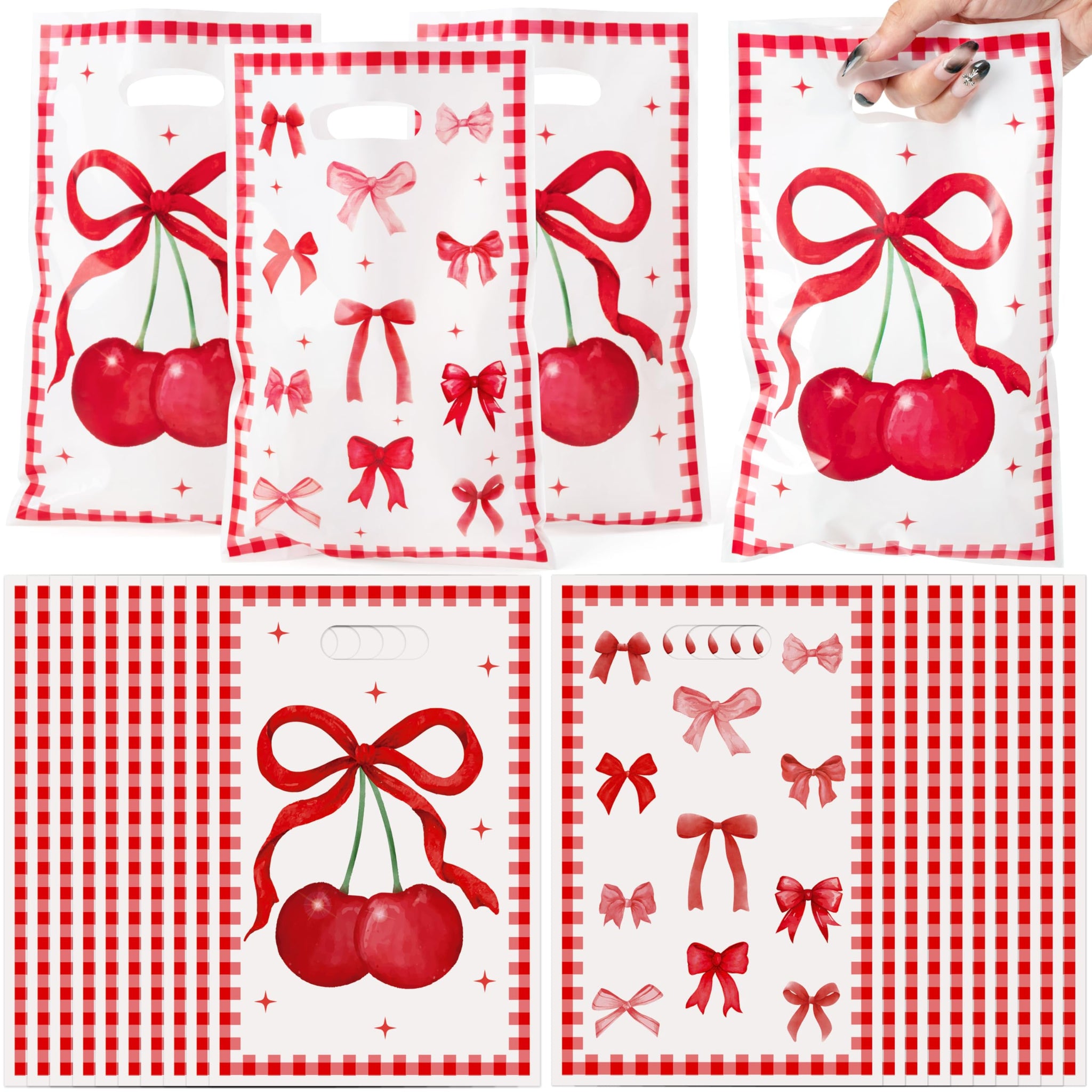 ArianQicult Bow Party Favor Bags - 50Pcs Red Cherry Goody Candy Treat Gifts Bags Coquette Bow Party Decorations for Birthday Wed